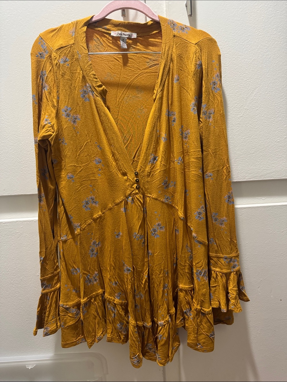 Free People Mustard Yellow Floral V-Neck Tiered Tunic Dress